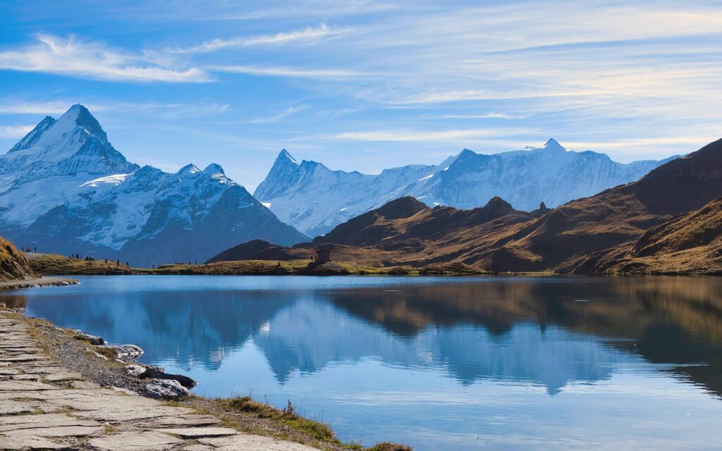 bachalpsee, beautiful nature, lake, mountains, grindelwald, nature background, alps, switzerland, nature wallpaper, autumn, nature, reflection, water, scenery, tourism, hd wallpaper